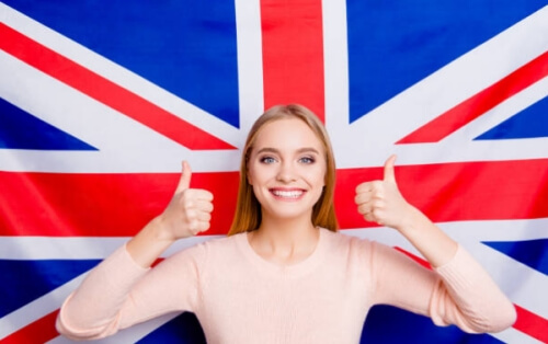 british flag and smiling girl thumbs up